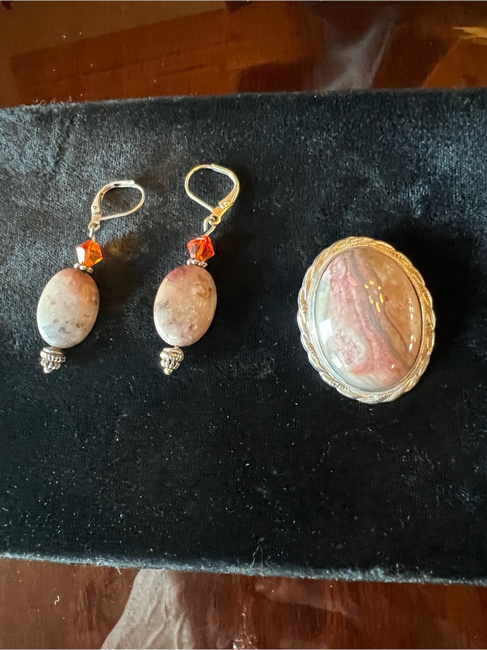 Vintage Brooch Sterling and Handcrafted Pink and Orange Gemstone Earrings